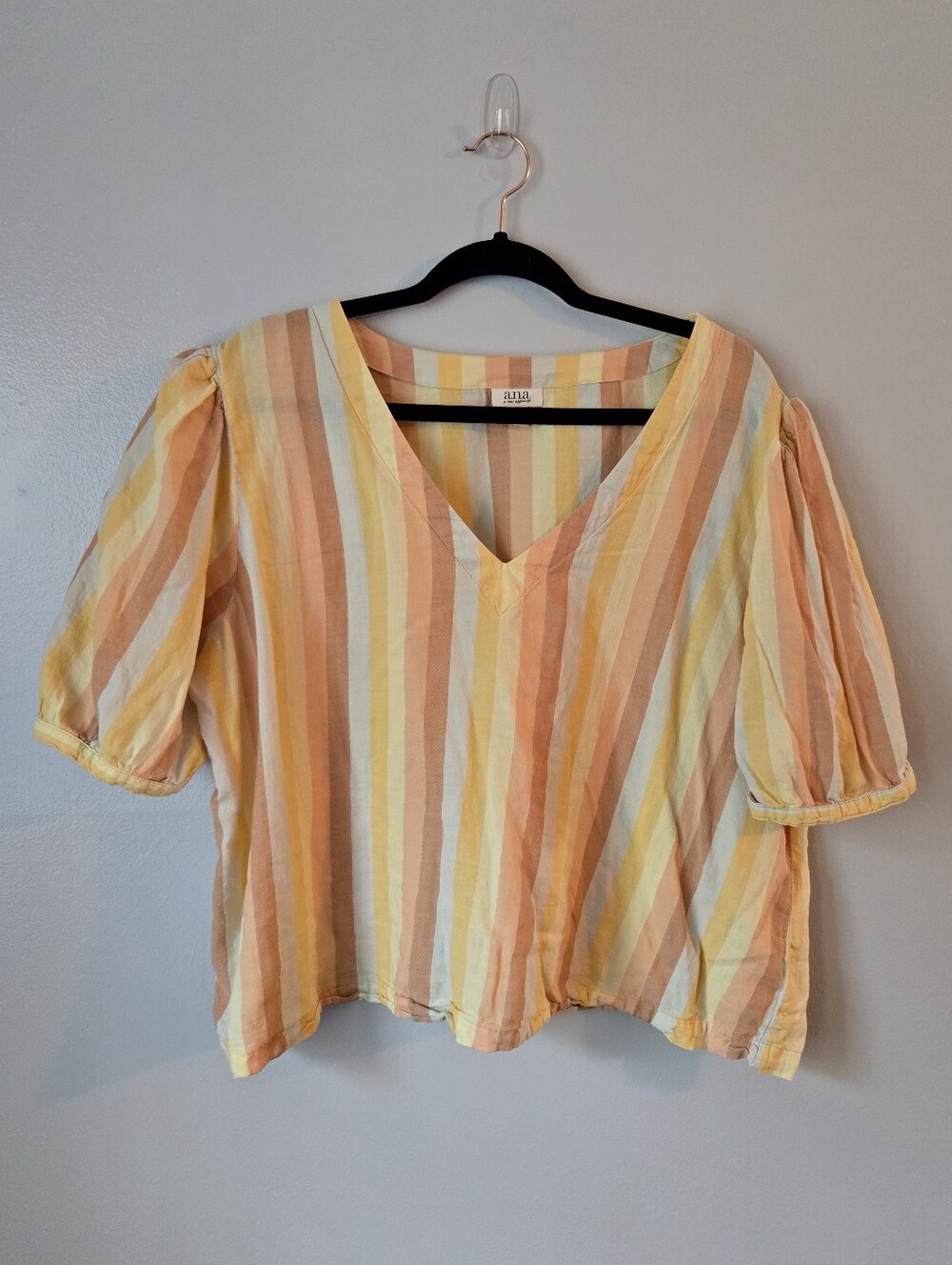 ANA Striped 100% Cotton Blouse Yellow Peach Puff Sleeve Top Size XXL